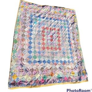 Antique patchwork handmade tacked quilt w/ yellow floral backside 84x68.5” heavy